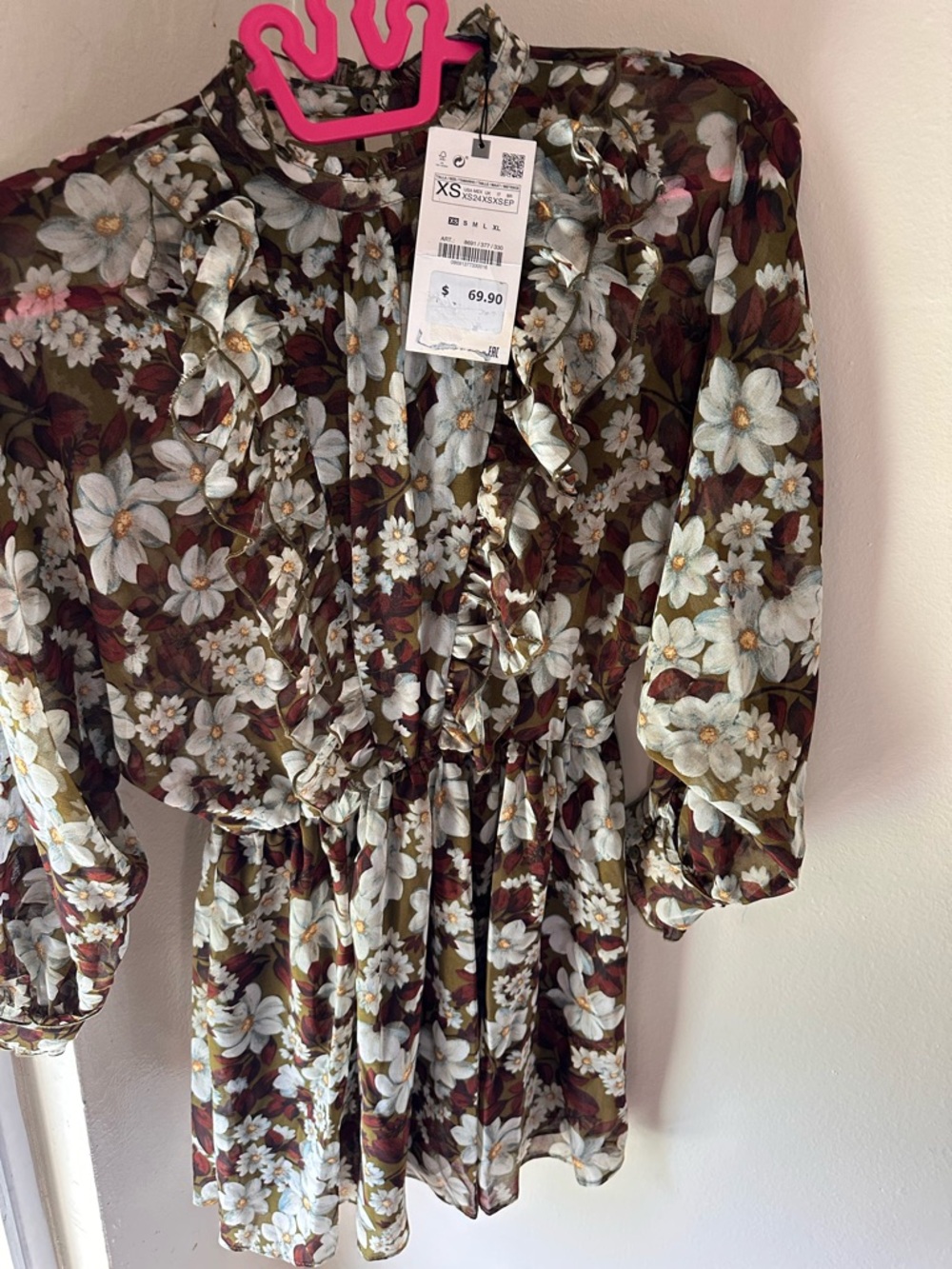 Zara Olive Green Floral Ruffle Long Sleeve Dress